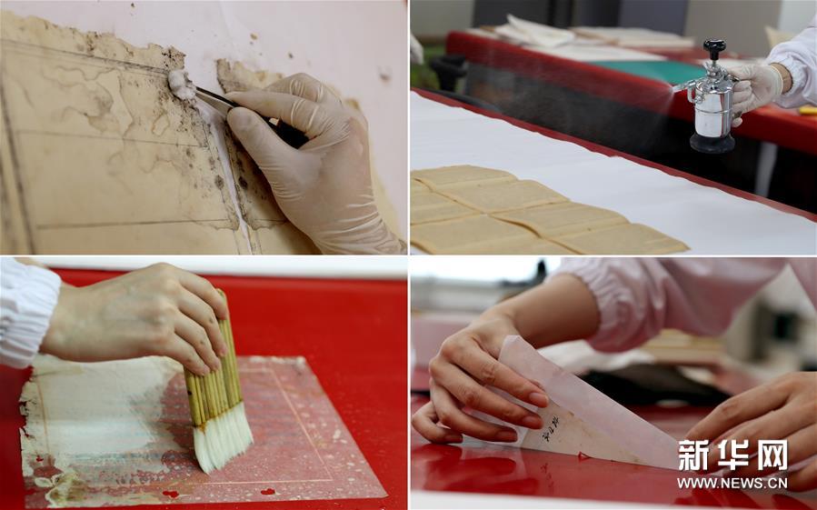 这张拼版照片展示的在上海市档案馆保护技术部拍摄的档案修复部分工序环节：除尘除霉（左上）、去酸（右上）、加固（左下）、加固完成（右下）（图片均为6月29日拍摄）。新华社记者 刘颖 摄