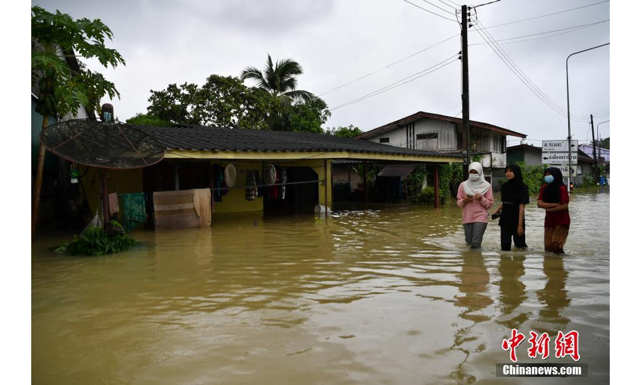 当地时间2月27日，泰国南部那拉提瓦省，当地遭遇暴雨和洪水灾害，水位猛涨，部分街道被淹。图为民众在洪水中出行。