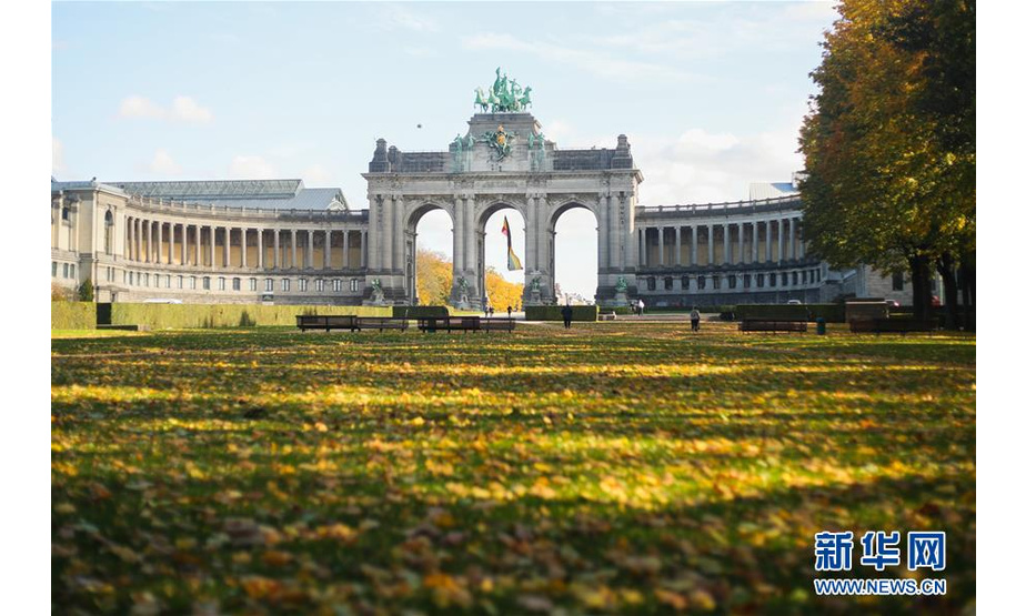 　　10月21日，比利时布鲁塞尔的五十周年纪念公园的草地上落满了树叶。 时下的比利时首都布鲁塞尔正值秋季，景色迷人。 新华社记者 郑焕松 摄


