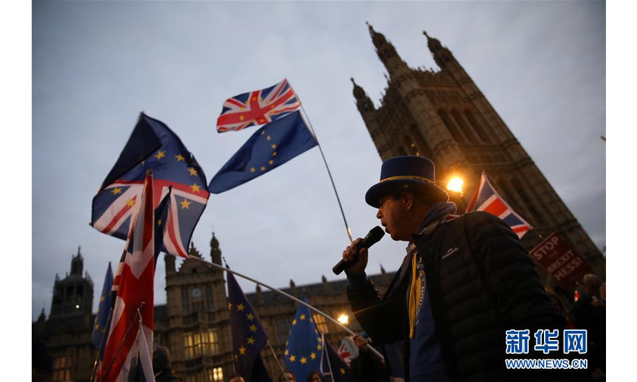 12月10日，在英国伦敦，反对“脱欧”协议的民众在议会大厦外示威。  新华社发（乔·纽曼摄）