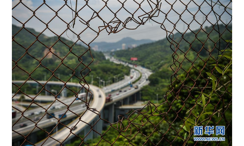这是透过深圳经济特区管理线铁丝网拍摄的南坪快速路和福龙路（2015年7月17日摄）。