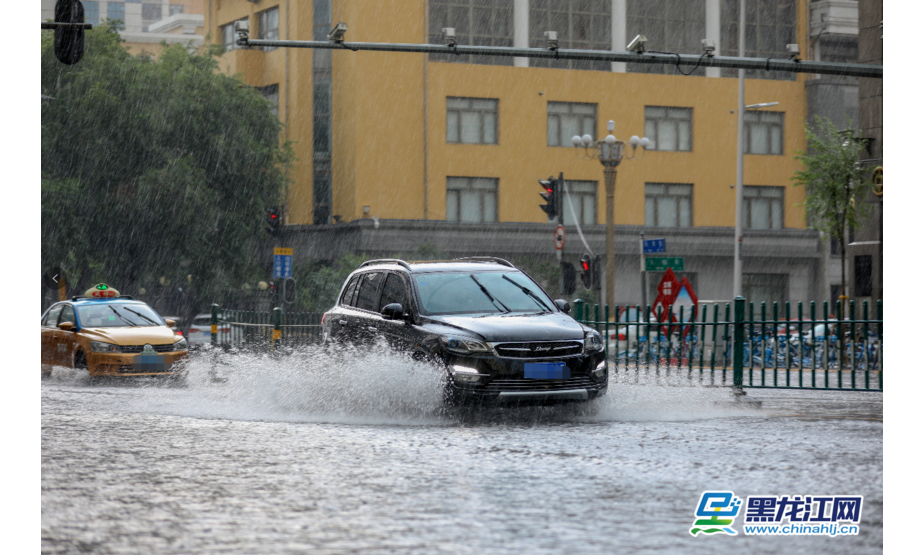 今日，大暑，哈尔滨主城区一场强降雨给人们带来一丝清凉。由于暴雨突然，哈尔滨市部分路段有不同程度的积水，过往司机纷纷打起了双闪冒险通过积水路段。（记者 石启立）