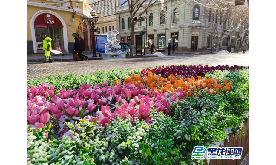 绢花造景扮靓冬日哈尔滨中央大街。