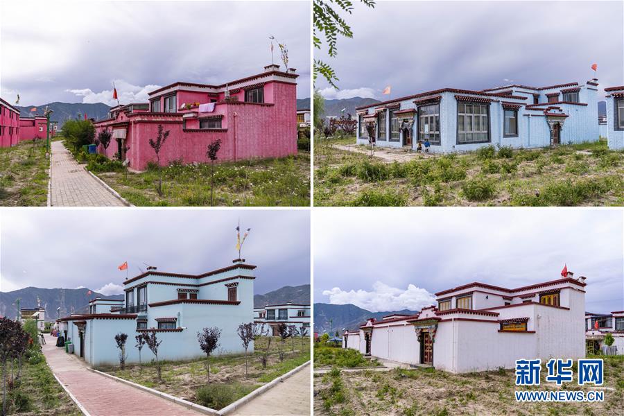 　　这是四季吉祥村里被粉刷成不同颜色的民居（左上、左下：8月8日孙非摄；右上、右下：8月8日段清岚摄）。 新华社发

