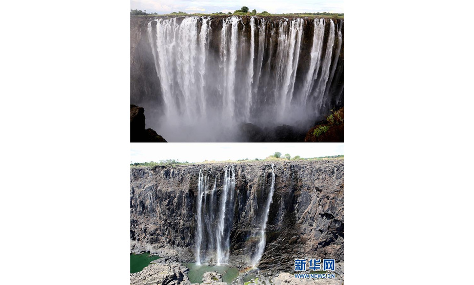 拼版照片：上图为2016年12月31日拍摄的位于津巴布韦和赞比亚交界处的维多利亚瀑布；下图为2019年12月13日拍摄的维多利亚瀑布。新华社记者 张玉亮 摄